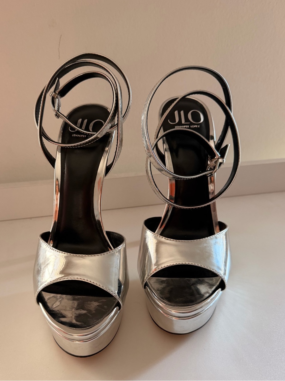 Jennifer Lopez Metallic Silver Platform Sandals with Ankle Straps